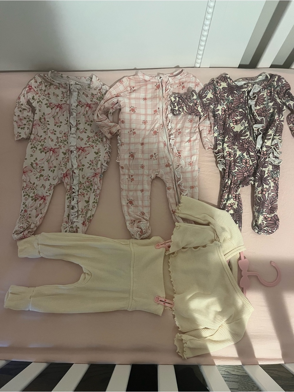 Girls' Cream and Pink Floral Footed Pajama Set with Cream Romper